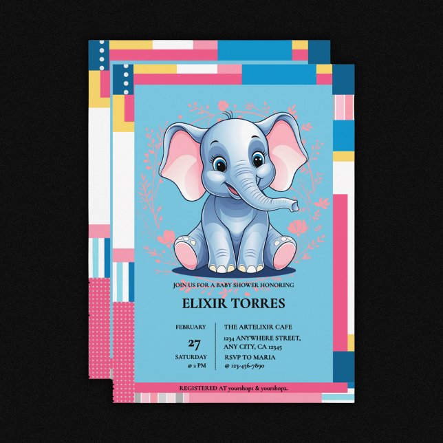 Invitation Baby shower coloré Jungle Blue Elephant (Créateur téléchargé)