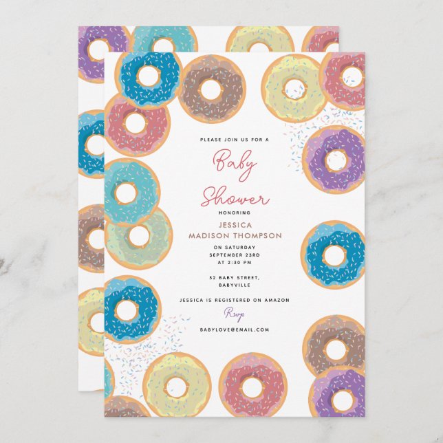 Invitation Baby shower coloré Pastel Donuts & Sprinkles (Devant / Derrière)