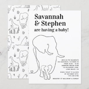 Invitation Baby shower commun moderne d'éléphants noirs et bl