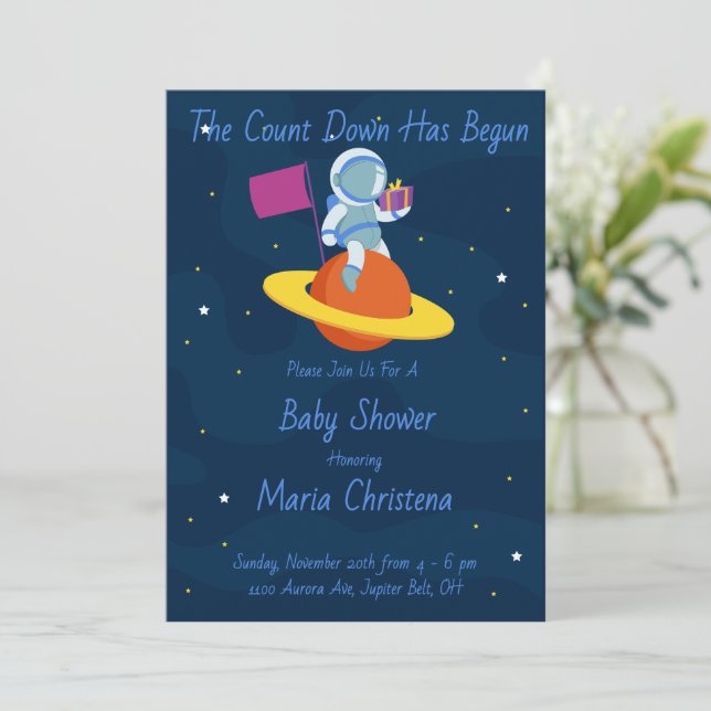 Invitation Baby Shower Compte à Rebours Cosmique (Debout devant)