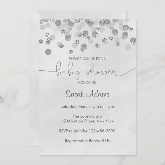 Invitation Baby shower Confetti Argent (Devant / Derrière)
