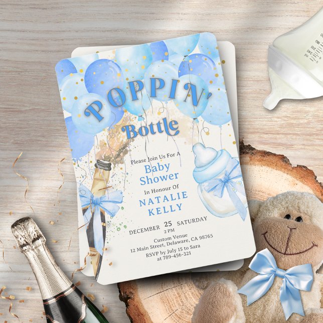 Invitation Baby shower Confetti Blue Balloon Poppin' Bouteill (Confetti Blue Balloon Poppin' Bottles Baby Shower Invitation )
