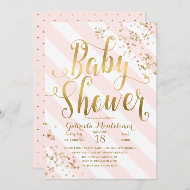 Invitation Baby shower Confetti de Parties scintillant d'or r (Devant / Derrière)