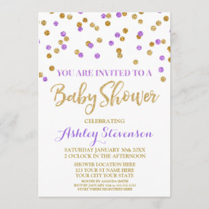 Invitation Baby shower Confetti d'or violet