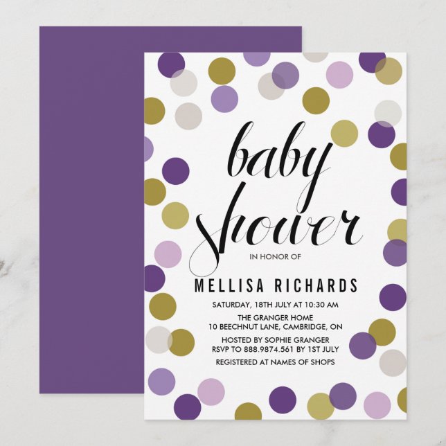 Invitation Baby shower Confetti Pois violet et or (Devant / Derrière)