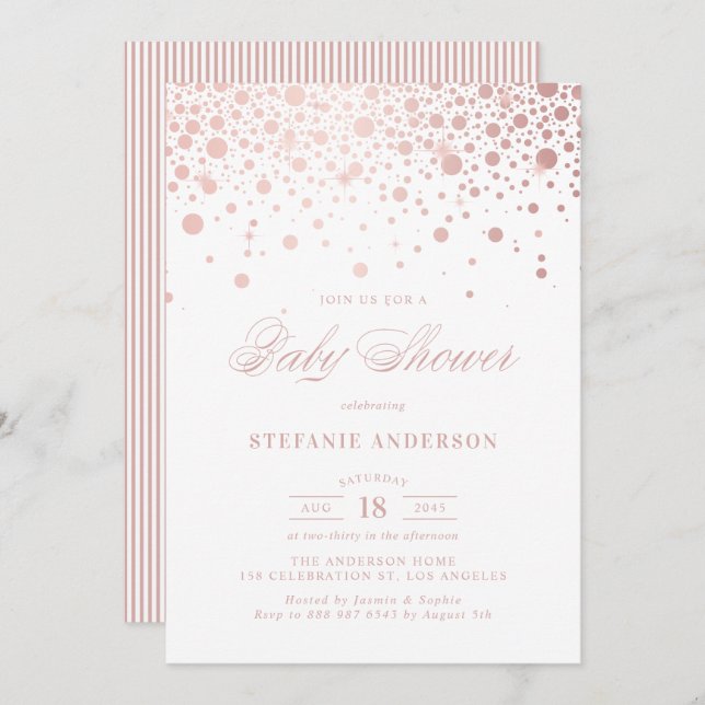Invitation Baby shower Confetti Rose Faux Gold (Devant / Derrière)