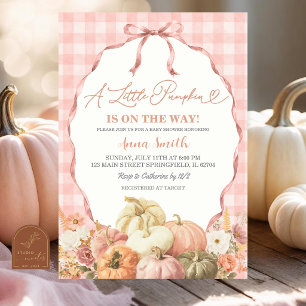 Invitation Baby Shower Coquette Citrouille Gingham Rose Pâle