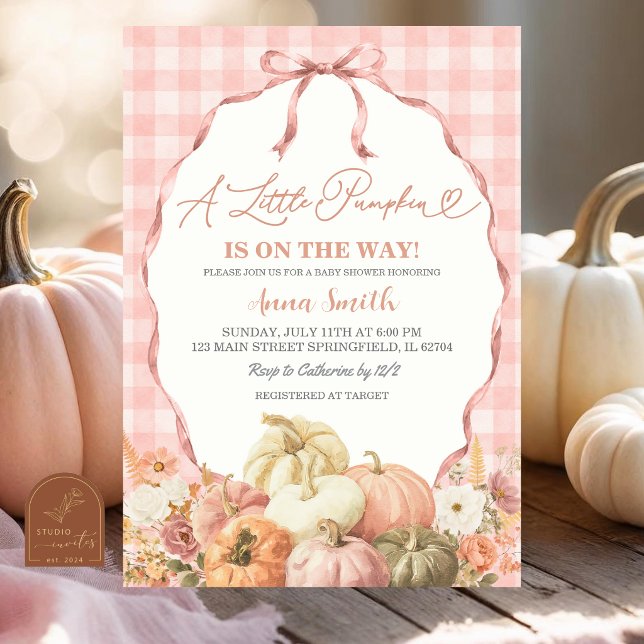 Invitation Baby Shower Coquette Citrouille Gingham Rose Pâle (Créateur téléchargé)