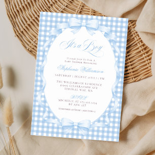 Invitation Baby Shower Coquette Garçon Ruban Gingham Bleu