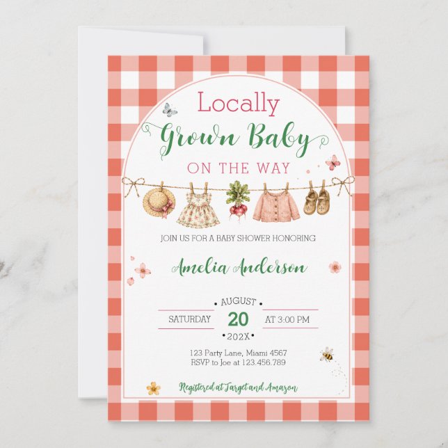 Invitation Baby Shower Coquette Gingham Cultivé Localement (Devant)