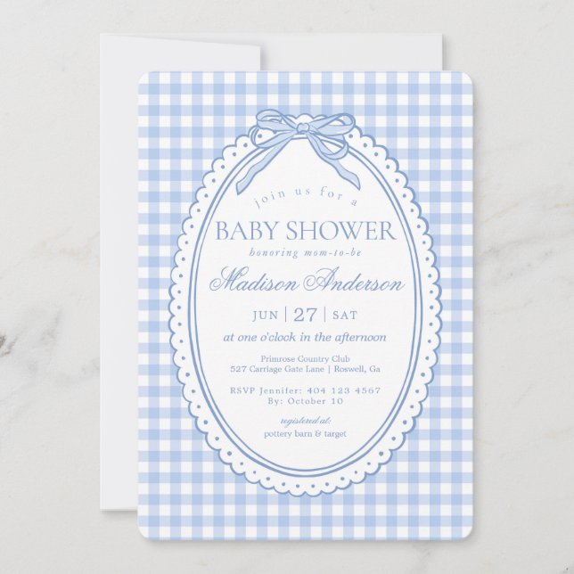 Invitation Baby Shower Coquette Nœud Gingham Bleu (Devant)