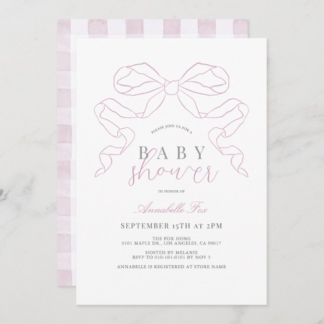 Invitation Baby shower Coquette Pink Bow/Ribbon Girl (Devant / Derrière)