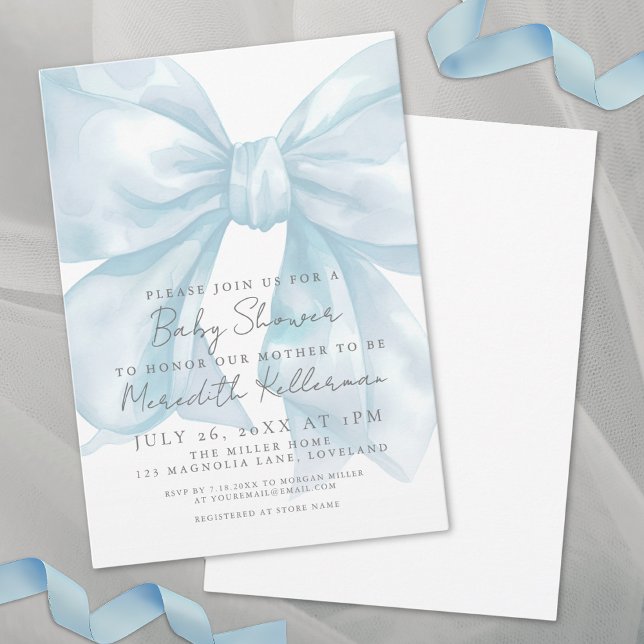 Invitation Baby Shower Coquette Ruban Bleu (Coquette Blue Bow Baby Shower Invitation)
