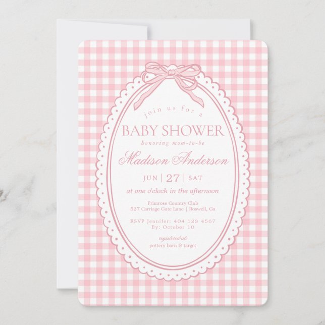 Invitation Baby Shower Coquette Ruban Gingham Rose (Devant)