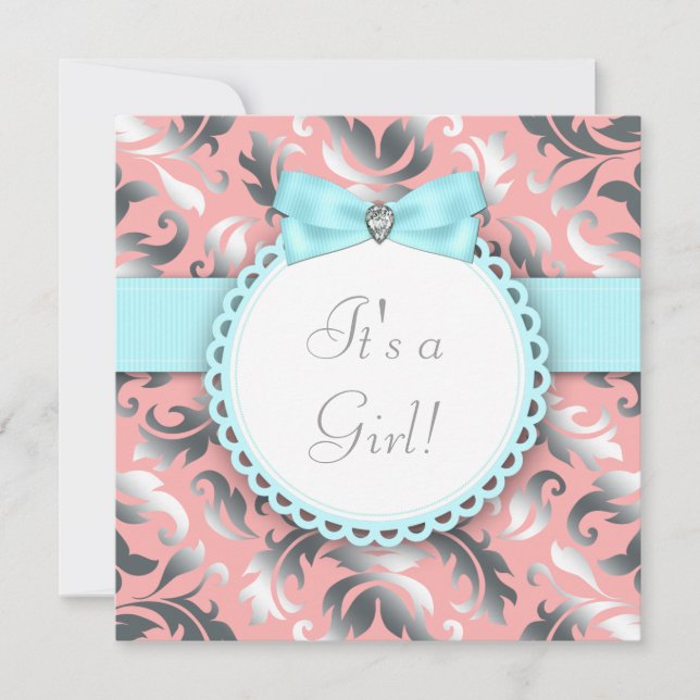 Invitation Baby Shower Corail Bleu Sarcelle et Gris (Devant)