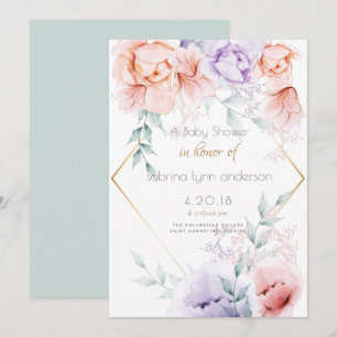 Invitation Baby shower Corail et Lilac Aquarelle Floral