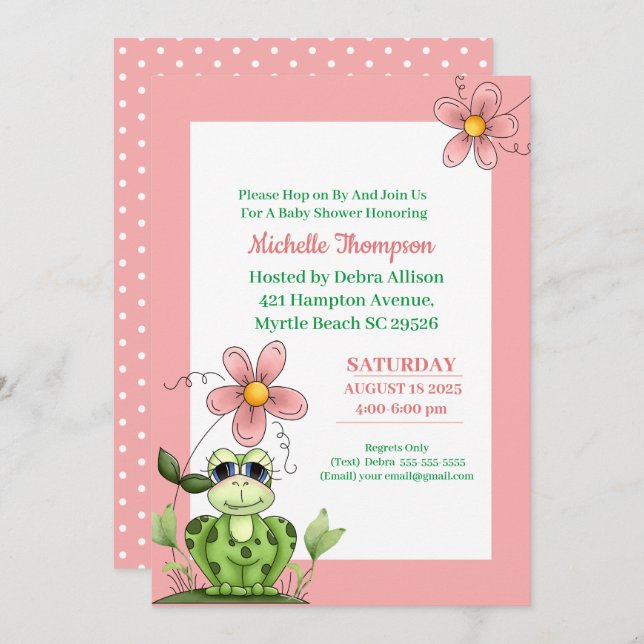 Invitation Baby shower corail mignon et grenouille verte Invi (Devant / Derrière)