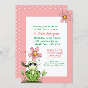 Invitation Baby shower corail mignon et grenouille verte Invi