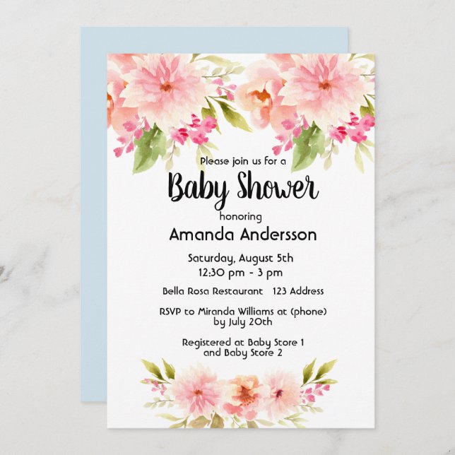 Invitation Baby shower corail pêche dahlia fleurs bleu garçon (Devant / Derrière)