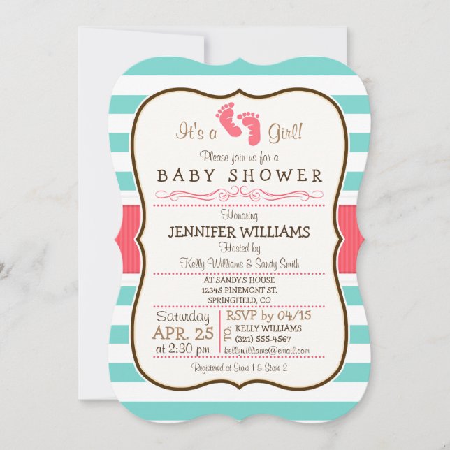 Invitation Baby shower Coral, Aqua & White Stripes (Devant)