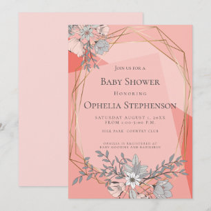 Invitation BABY SHOWER Coral Floral cadre géométrique or