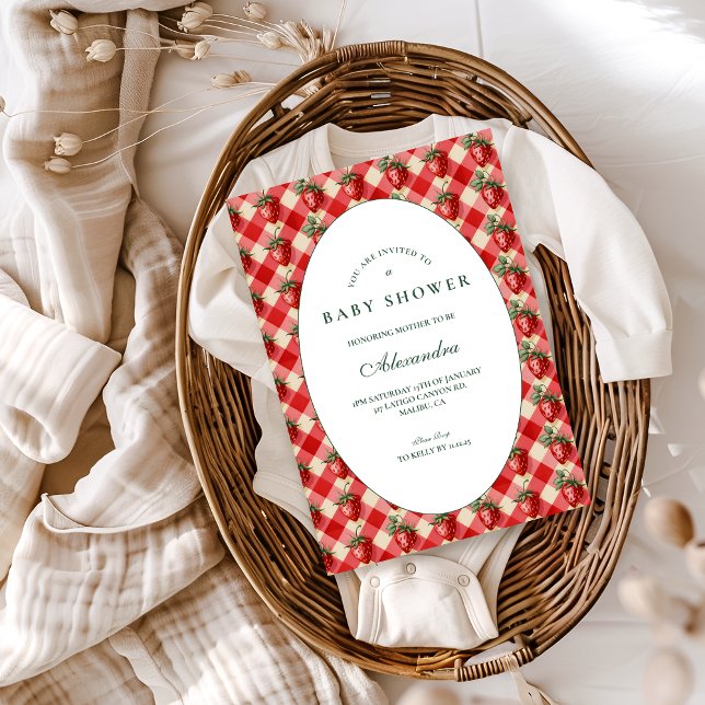 Invitation Baby Shower Cottage Gingham Fraise (Créateur téléchargé)