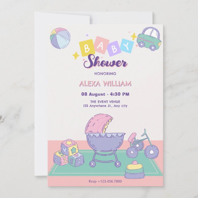 Invitation Baby shower Couleur pastel joueuse (Devant)