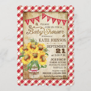 Invitation Baby shower Country Sunflowers En vichy Check Twin