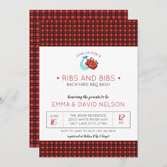 Invitation Baby shower couple | Bandes et côtes (Devant / Derrière)