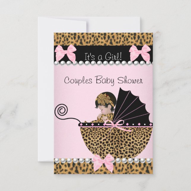 Invitation Baby Shower Couple Mignon Fille Léopard Rose (Devant)