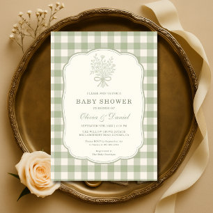 Invitation Baby-Shower Couple Tissu Vichy Vert Sauge