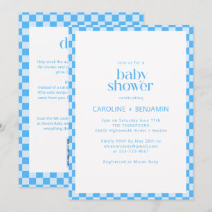 Invitation Baby Shower Couple Tout en Un Bleu Vérifié Rétro