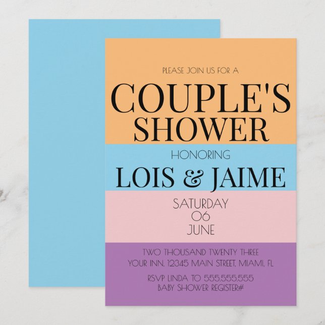 Invitation Baby Shower Couples Blocs Colorés Brillants (Devant / Derrière)