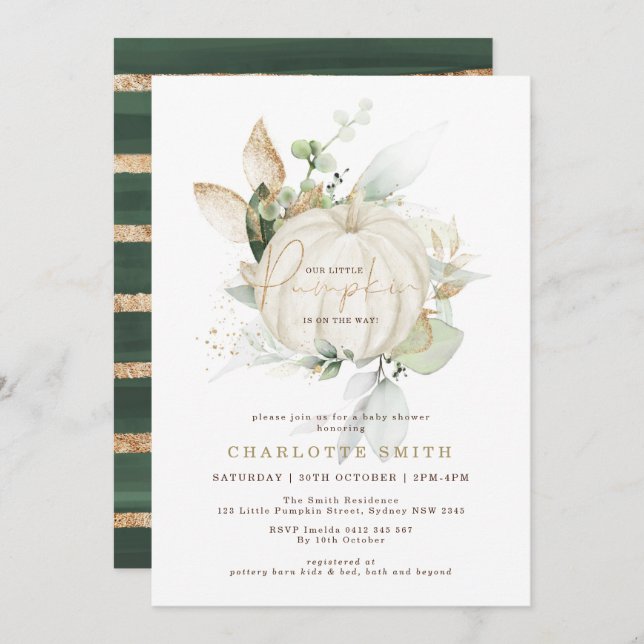 Invitation Baby shower Couples Citrouille d'or Fall Greenery (Devant / Derrière)