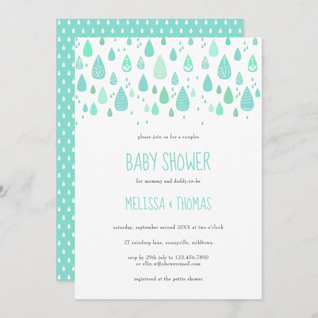 Invitation Baby shower Couples Couples Cute Raindrops / Saupo (Devant / Derrière)