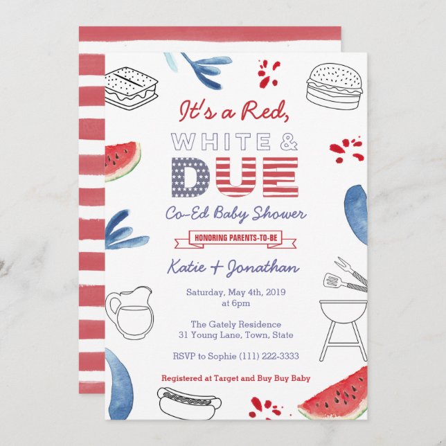 Invitation Baby shower Couples Red White et Due Blue Co-Ed (Devant / Derrière)