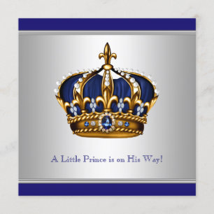 Invitation Baby Shower Couronne Bleu Argent Prince Bébé Garço