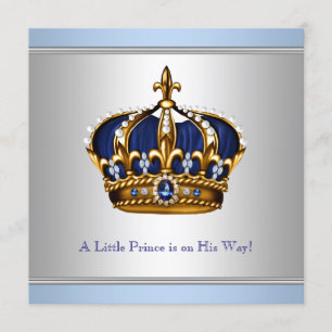 Invitation Baby Shower Couronne Bleu Argent Prince Bébé Garço