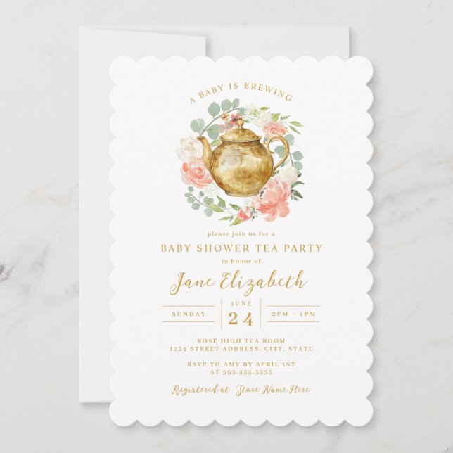 Invitation Baby Shower Couronne de Pêche et Thé  (Devant)