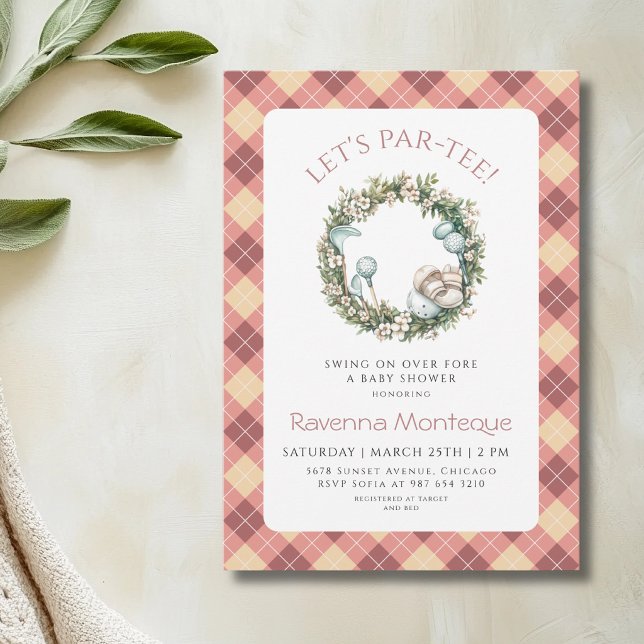 Invitation Baby Shower Couronne Florale de Golf Argyle Pêche (Créateur téléchargé)
