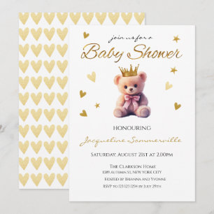 Invitation Baby shower Couronne or de l'ours rose C'est une f