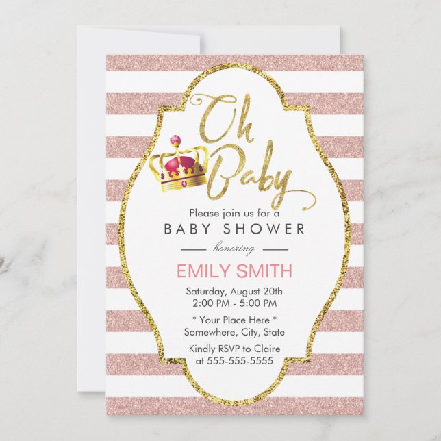 Invitation Baby shower Couronne or & rose rayures modernes (Devant)