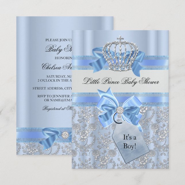 Invitation Baby Shower Couronne Petit Prince Bleu (Devant / Derrière)