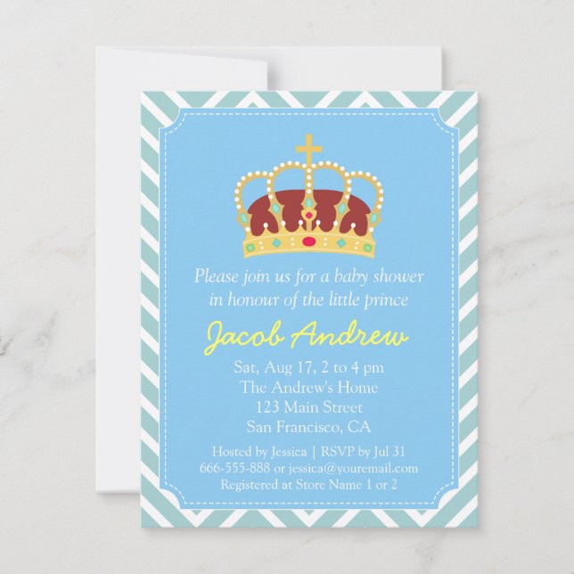 Invitation Baby Shower Couronne Prince Bleu Blanc Chevron (Devant)