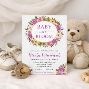 Invitation Baby Shower Couronne Rose et Jaune Aquarelle