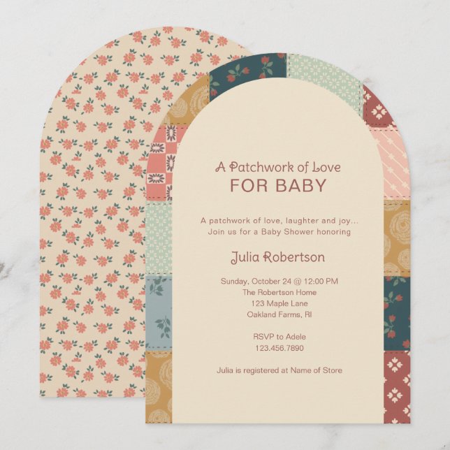 Invitation Baby-Shower Courte Tissu Patchwork (Devant / Derrière)