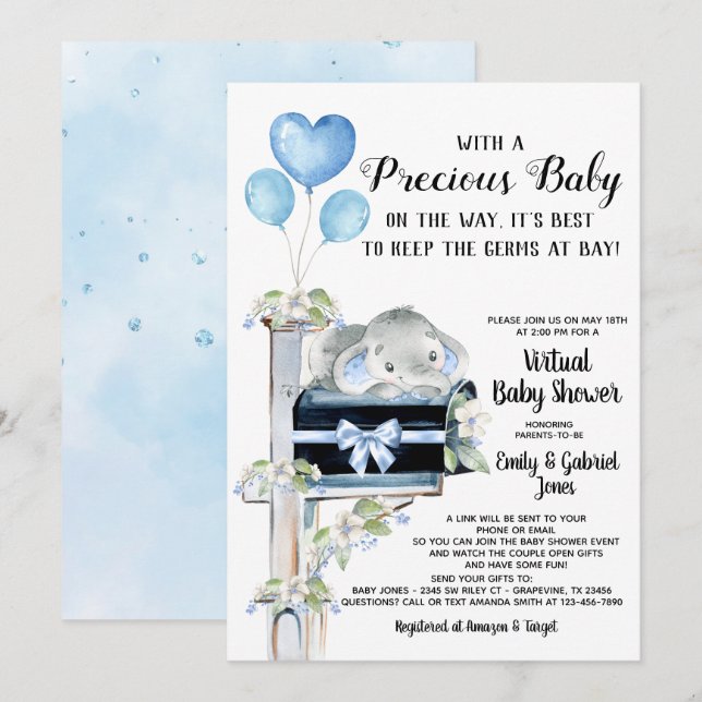 Invitation Baby shower Covid éléphant garçon (Devant / Derrière)