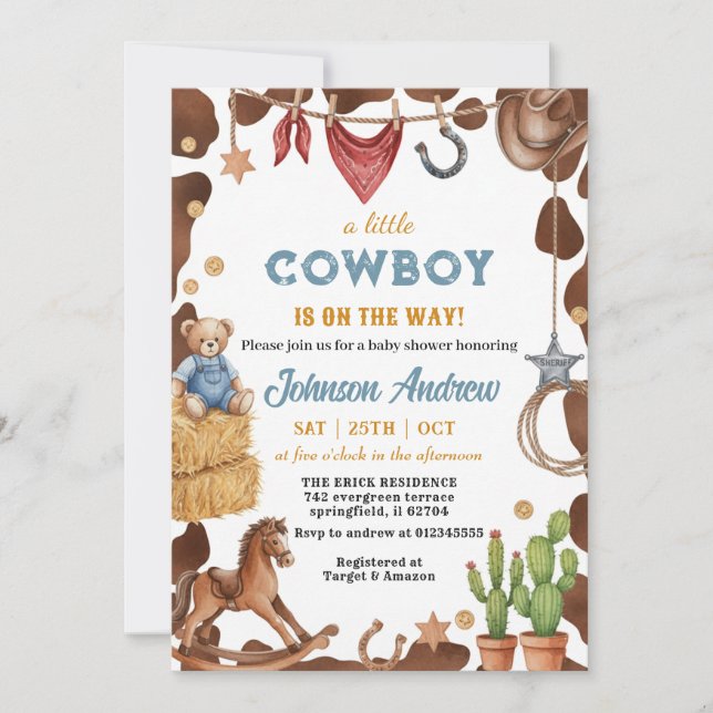 Invitation Baby Shower CowBoy Bleu Rustique  (Devant)