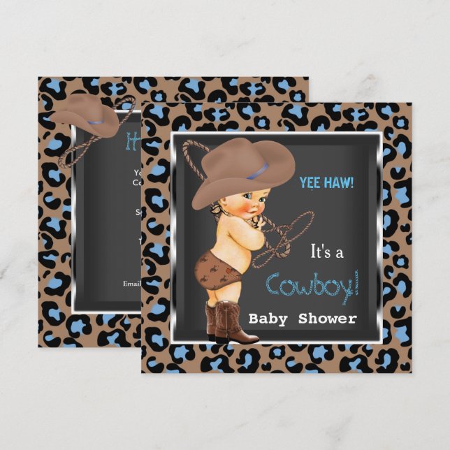 Invitation Baby Shower Cowboy Garçon Bleu Marron (Devant / Derrière)