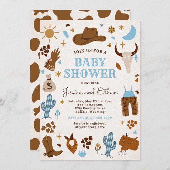Invitation Baby shower Cowboy Wild West Rodeo Ranch (Devant / Derrière)